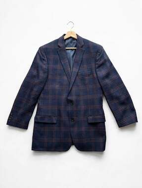 Stafford Signature 46L Slim Blue Brown Plaid Wool Twill 2-Button blazer Coat